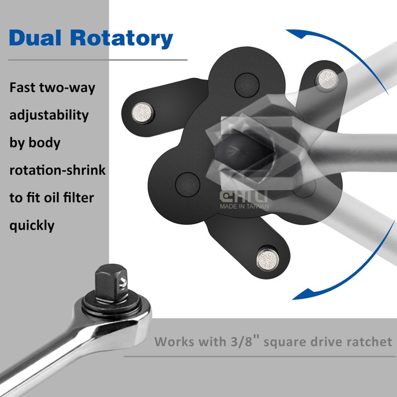 CHILI TOOLS Universal Adjustable No-Slip Magnetic Oil Filter Wrench with 3/8" Square Drive | Range From 2-1/4 to 4 inch Oil Filters Removal Tool | For Motorcycles, Cars & Trucks | Made in Taiwan - Image 5